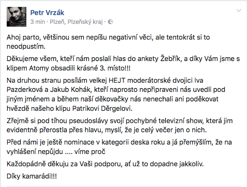 Petr Vrzák z UDG vyjádřil své zklamání.